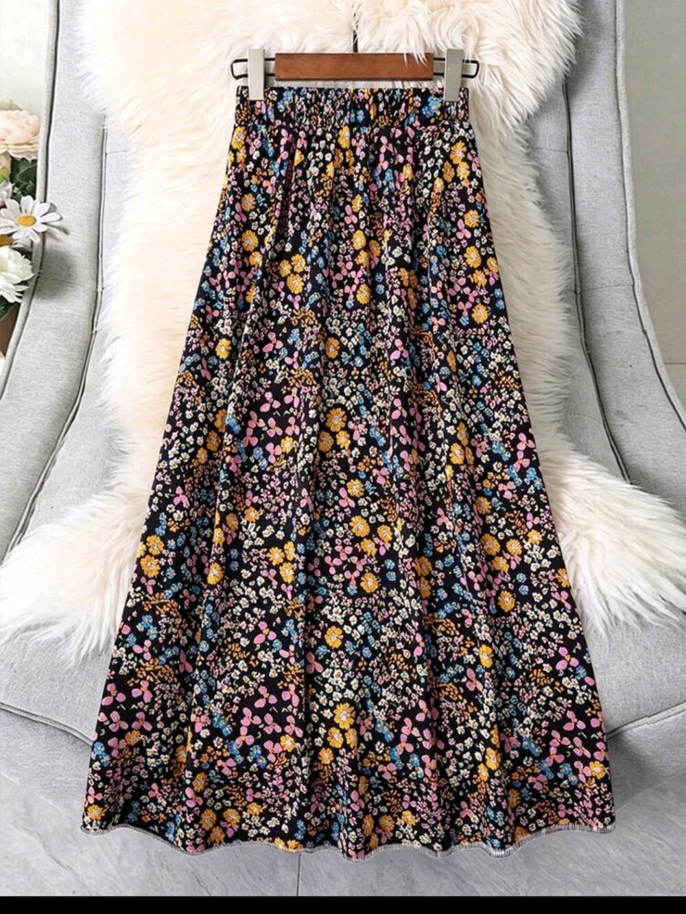 BRAND NEW ** Floral Midi Skirt - Black with Pink, Yellow & Blue Floral Print